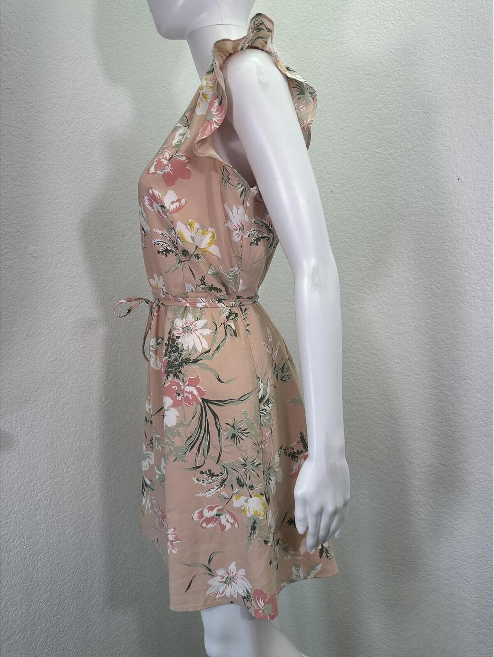New Sz M Loft Pink Floral Dress Romantic Flutter Sleeve V-Neck Tie Waist - Picture 3 of 6